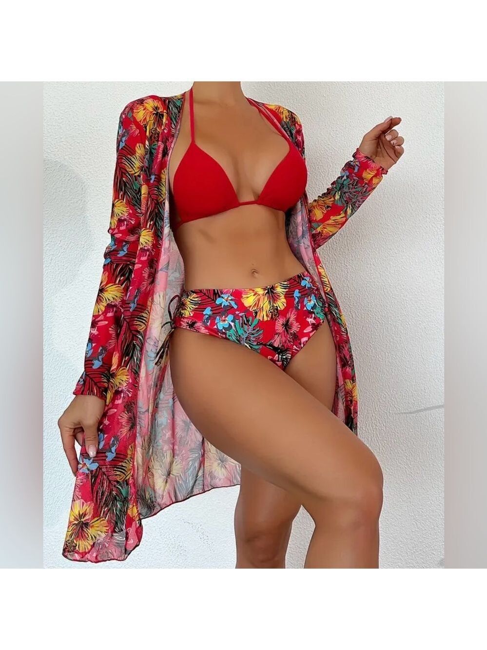 3pc Tropical Print High Waist Bikini Set with Kimono Cover Up - Picture 2 of 9